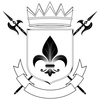 Heraldic shield of the middle ages, coat of arms with heraldic symbol of fleur-de-lis and halberd, in black and white silhouette and lines style png