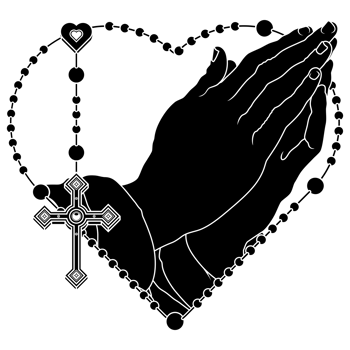 Praying hands with heart-shaped rosary, rosary with Christian cross, symbol of the Catholic religion png