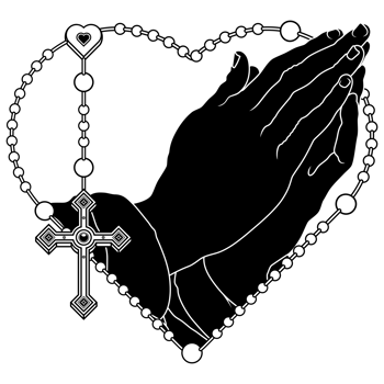 Praying hands with heart-shaped rosary, rosary with Christian cross, symbol of the Catholic religion png