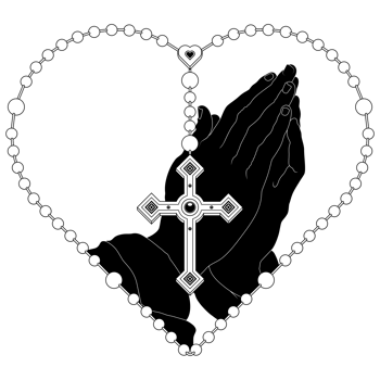 Praying hands with heart-shaped rosary, rosary with Christian cross, symbol of the Catholic religion png