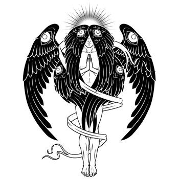 Seraph with six wings surrounded with a ribbon png
