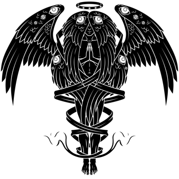 Seraph with six wings surrounded with a ribbon png