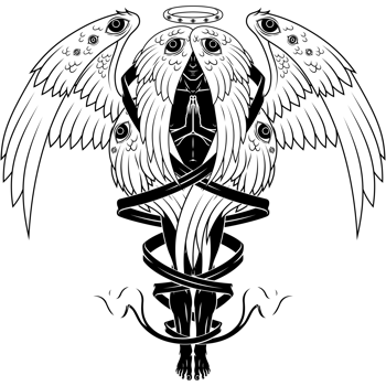 Seraph with six wings surrounded with a ribbon png