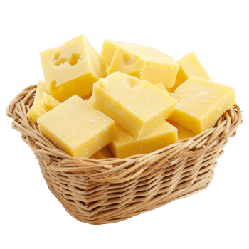 Cheddar cheese in a wicker basket transparent background png