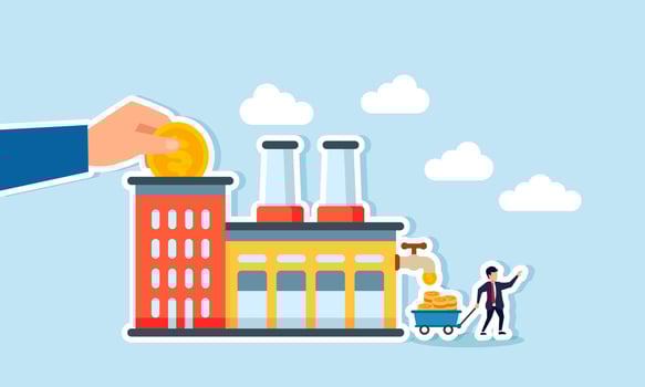 Manufacturing for profit, industry or factory, a money making machine in production, concept of A businessman invests in a factory to earn more profit from production vector