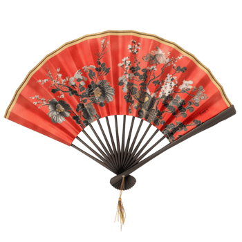 Oriental Fan with Flowers and Leaves On Transparent Background. Genereted AI png