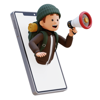 3D Traveller Character Jump from Phone Screen with Megaphone png