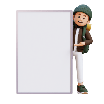 3D Traveller Character Presenting on Blank Placard png