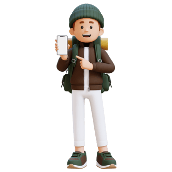 3D Traveller Character Pointing to Empty Phone Screen png