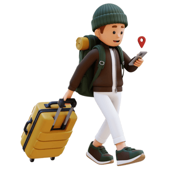 3D Traveller Character Checking Map on Phone while Walking and Pull Suitcase png
