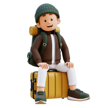 3D Traveller Character Sitting on a Suitcase png