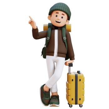 3D Traveller Character Lying on Suitcase while pointing up png
