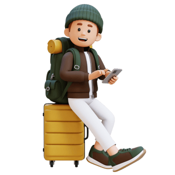 3D Traveller Character Sitting on a Suitcase and holding smart phone png