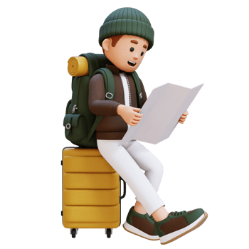 3D Traveller Character Sitting on a Suitcase and Checking the Map png