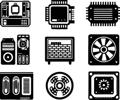 set of computer parts icon. computer, technology, electronic, hardware, device, motherboard, pc, part, equipment, component, cpu, processor, chip vector