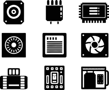 set of computer parts icon. computer, technology, electronic, hardware, device, motherboard, pc, part, equipment, component, cpu, processor, chip vector