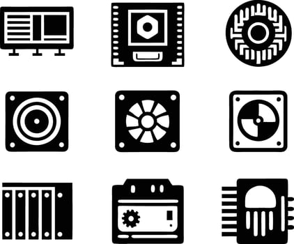 set of computer parts icon. computer, technology, electronic, hardware, device, motherboard, pc, part, equipment, component, cpu, processor, chip vector