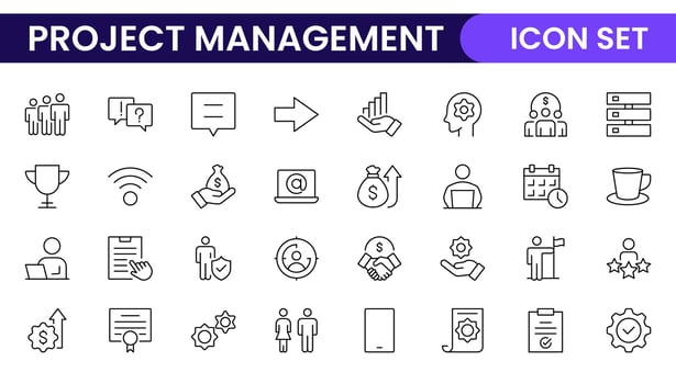 Project Management web icons in line style. Outline icon collection related to Schedule, human resource, management, development, planning, and more. vector