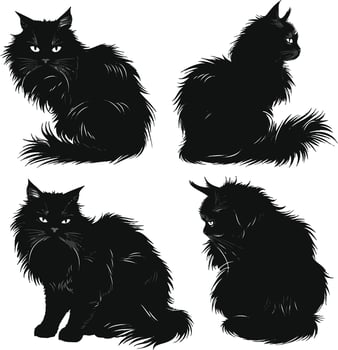 Set of Scary Black Cat Silhouette Illustrations for Halloween Characters. Evil Kitten with Fur Isolated on White Background. vector