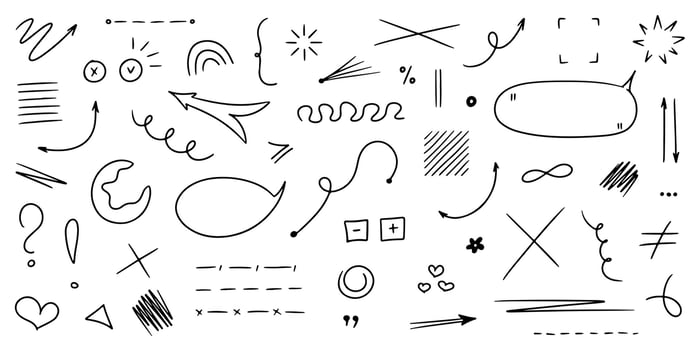 Hand drawn underlines, speech bubbles, arrows, strokes, hearts, spirals. Sketch emphasis by pen, pencil or marker design elements set. vector