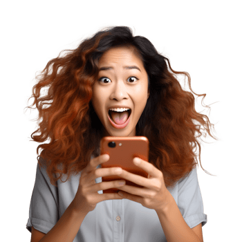 a woman with her mouth open and holding a tablet png