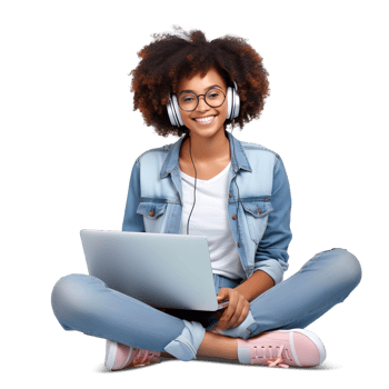 a young woman with headphones and a phone sitting on the floor png