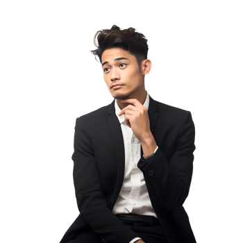 young asian man in suit standing with hands on his chin png
