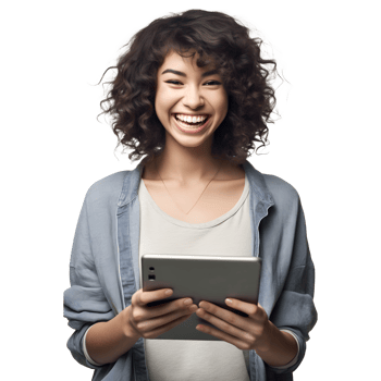 a woman with curly hair holding a tablet png