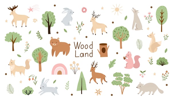 Woodland. Cute cartoon collection. Children set of hand drawn forest animals and trees with plants. vector