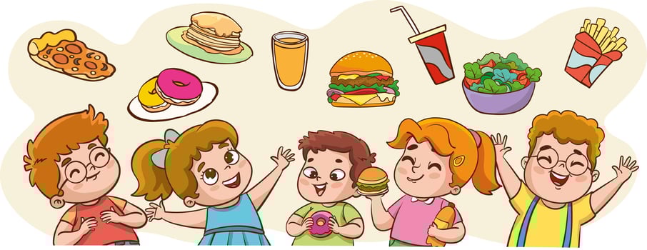 A cute Boy eat hamburger with french fries, and soda. he eat fast food. vector