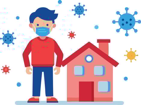 A child standing in front of a house with virus particles, depicting quarantine and home safety during a pandemic. vector
