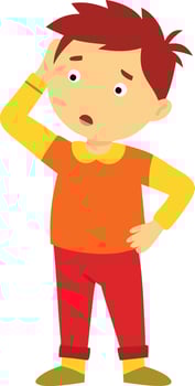 Boy looking curious and scratching his head in a thoughtful pose vector