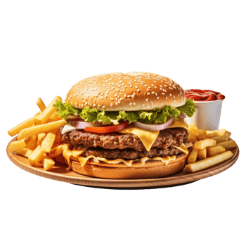 Double Cheeseburger with French Fries and Ketchup png