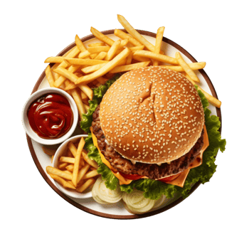 Classic Cheeseburger with Fries and Ketchup png