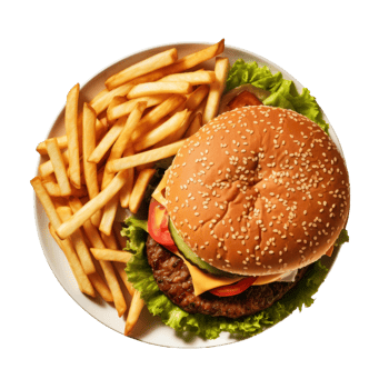 Delicious Cheeseburger with French Fries on White Plate png