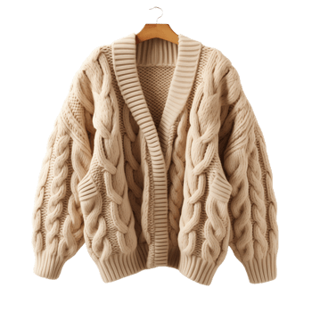 Handmade Beige Knitted Cardigan Hanging on a Wooden Hanger png