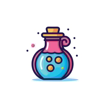 Cartoon Pink Potion Bottle with Blue Liquid and Yellow Bubbles vector