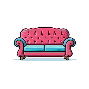 Pink And Blue Sofa Cartoon Illustration With Wooden Legs vector
