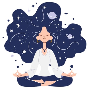 Flat illustration in children's style. Cute girl sitting in lotus pose and meditating, space and planets in her hair vector