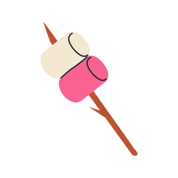 Marshmallow on wooden stick. A marshmallow in crossed, icon isolated on white background. Roasted dessert on bon fire. Cartoon flat design. illustration. vector