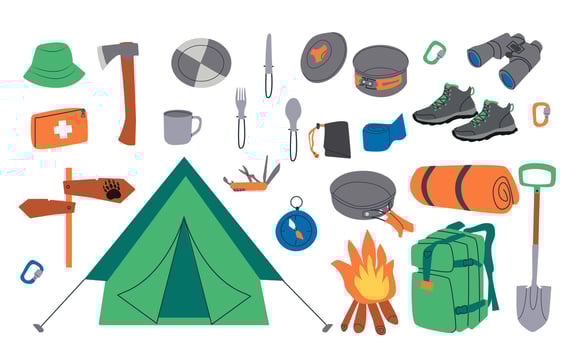 Outing equipment. Camping equipment, cartoon travel trekking scouts tool, hiking gear adventure trip rucksack tent camp object tourism summer vacation set neat illustration of tourist backpack vector