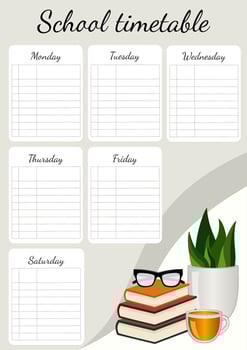 School timetable with books, glasses, a houseplant and a cup of tea. Portrait orientation. vector