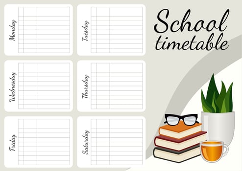 School timetable with books, glasses, a houseplant and a cup of tea. Landscape orientation. vector