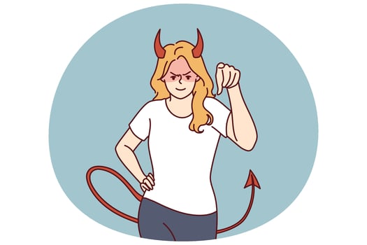 Woman demon with horns and tail points her finger at screen and looks at you aggressively vector