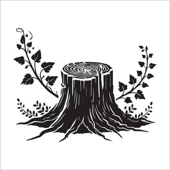 Tree Stump Clipart - A tree stump with vines and leaves illustration in black and white vector