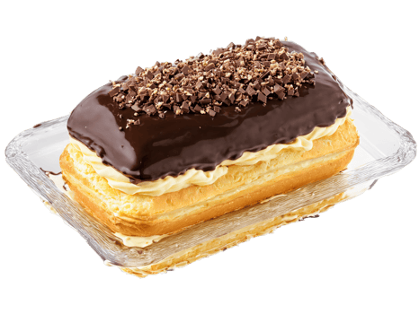 Pastries eclairs filled with vanilla cream and topped with chocolate icing on a transparent glass png