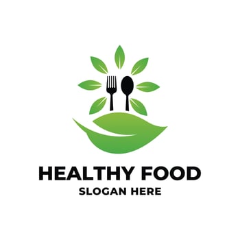 Healthy food logo design concept with leaf, spoon and fork vector