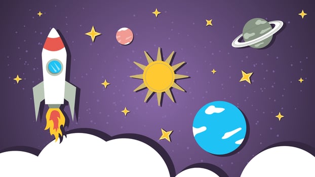 A spaceship in outer space is flying among the planets a flat illustration of childrens doodles vector