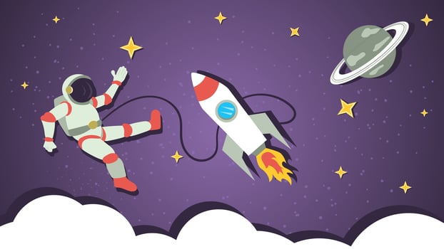 An astronaut in outer space waves his hand flat illustration childrens doodles vector