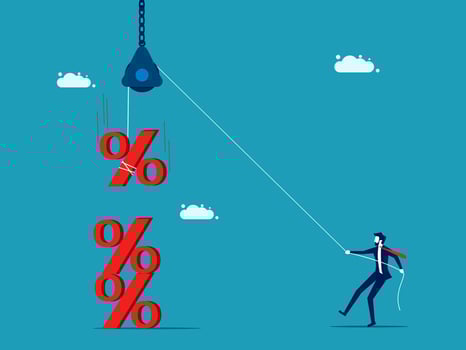 businessman pulling down percent sign with rope vector